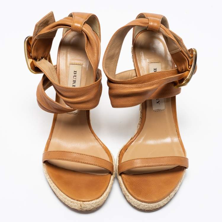 Pre Owned Burberry Brown Leather Catsbrook Espadrille Wedge Sandals Size 38.5