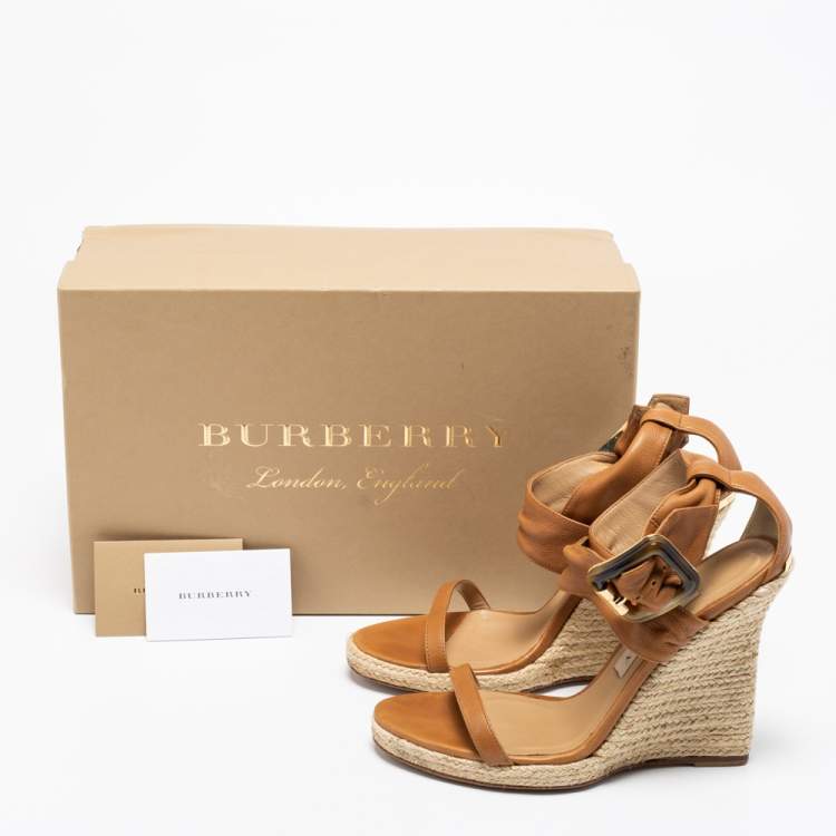 Pre Owned Burberry Brown Leather Catsbrook Espadrille Wedge Sandals Size 38.5