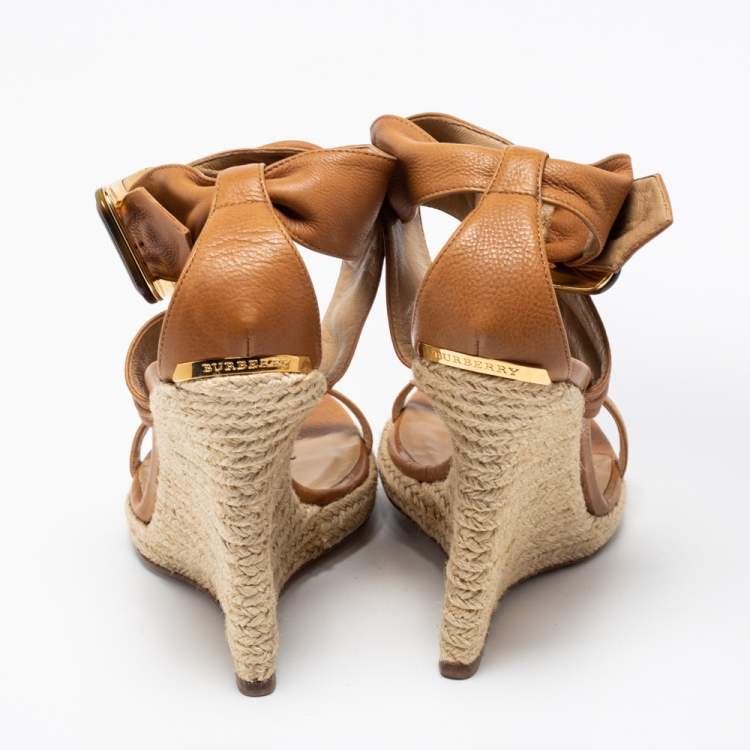 Pre Owned Burberry Brown Leather Catsbrook Espadrille Wedge Sandals Size 38.5