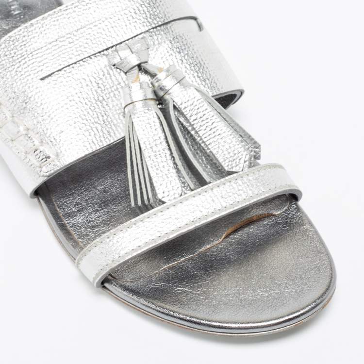 Pre Owned Burberry Metallic Silver Leather Bethany Tassel Detail Flat Sandals Size 40