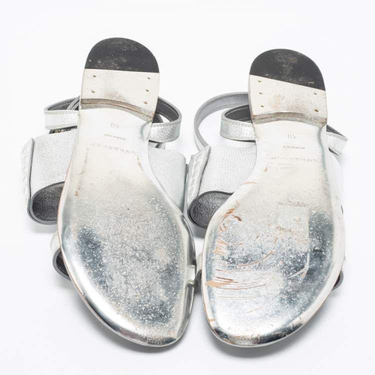 Pre Owned Burberry Metallic Silver Leather Bethany Tassel Detail Flat Sandals Size 40
