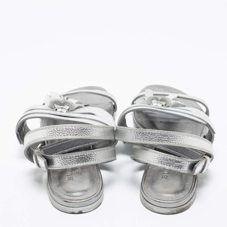 Pre Owned Burberry Metallic Silver Leather Bethany Tassel Detail Flat Sandals Size 40
