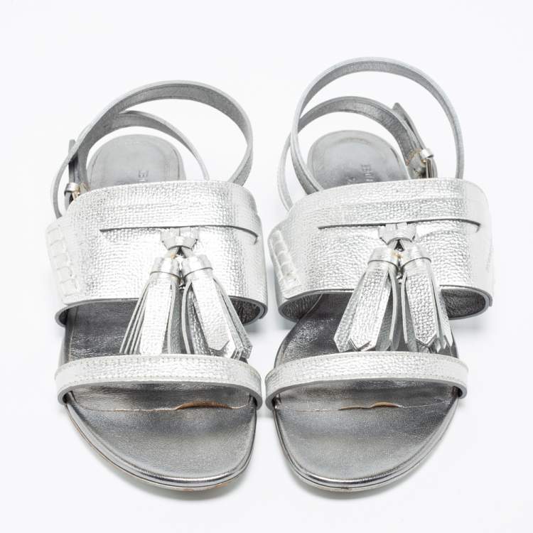 Pre Owned Burberry Metallic Silver Leather Bethany Tassel Detail Flat Sandals Size 40