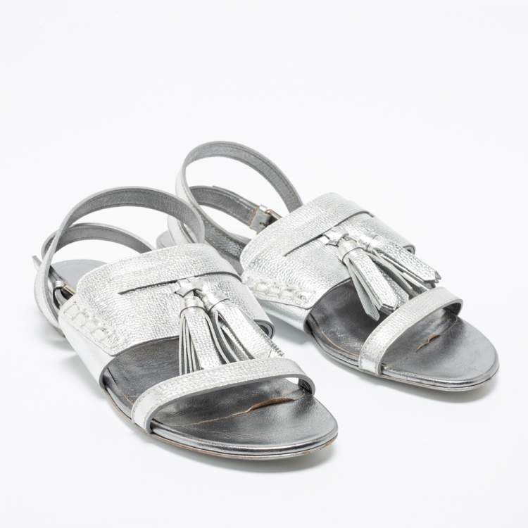 Pre Owned Burberry Metallic Silver Leather Bethany Tassel Detail Flat Sandals Size 40