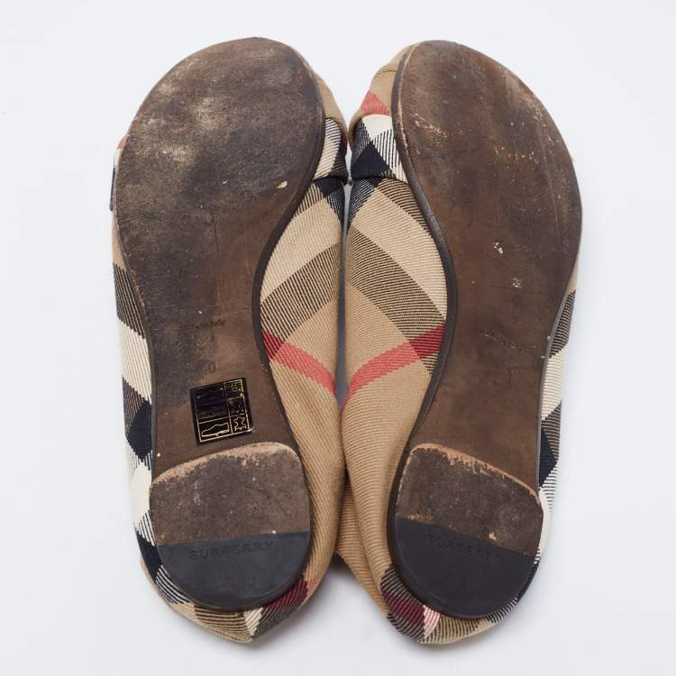 Pre Owned Burberry Beige Canvas Nova Check Knotted Bow Ballet Flats Size 40