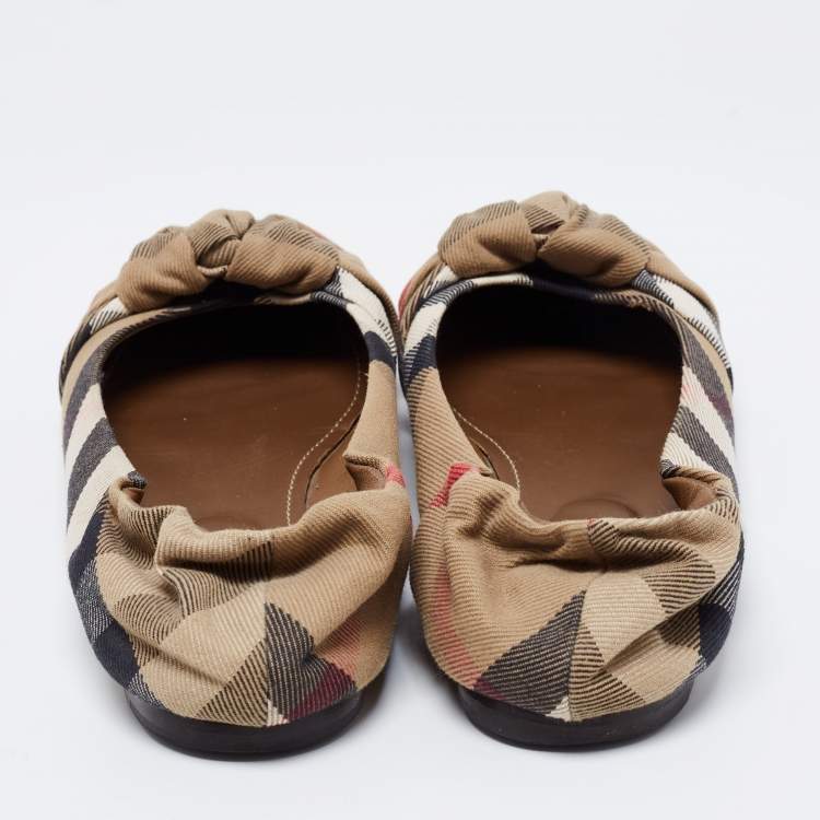 Pre Owned Burberry Beige Canvas Nova Check Knotted Bow Ballet Flats Size 40