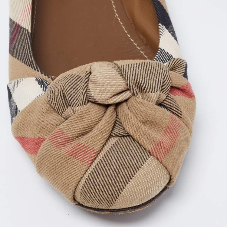Pre Owned Burberry Beige Canvas Nova Check Knotted Bow Ballet Flats Size 40