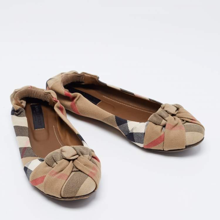 Pre Owned Burberry Beige Canvas Nova Check Knotted Bow Ballet Flats Size 40