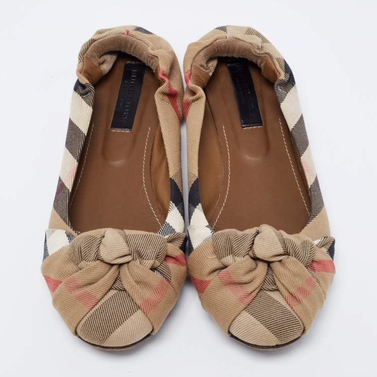 Pre Owned Burberry Beige Canvas Nova Check Knotted Bow Ballet Flats Size 40