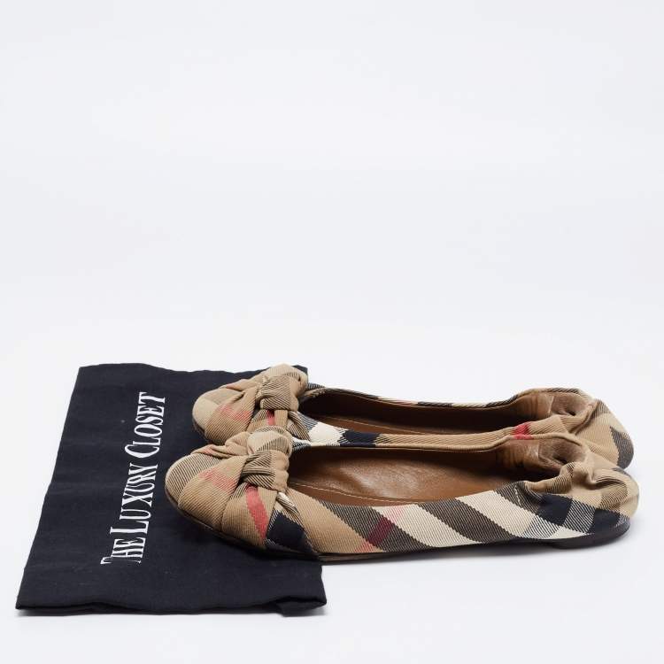 Pre Owned Burberry Beige Canvas Nova Check Knotted Bow Ballet Flats Size 40