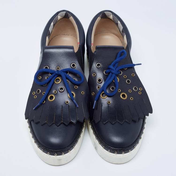 Pre Owned Burberry Navy Blue/Black Leather Kiltie Fringe Slip On Sneakers Size 40