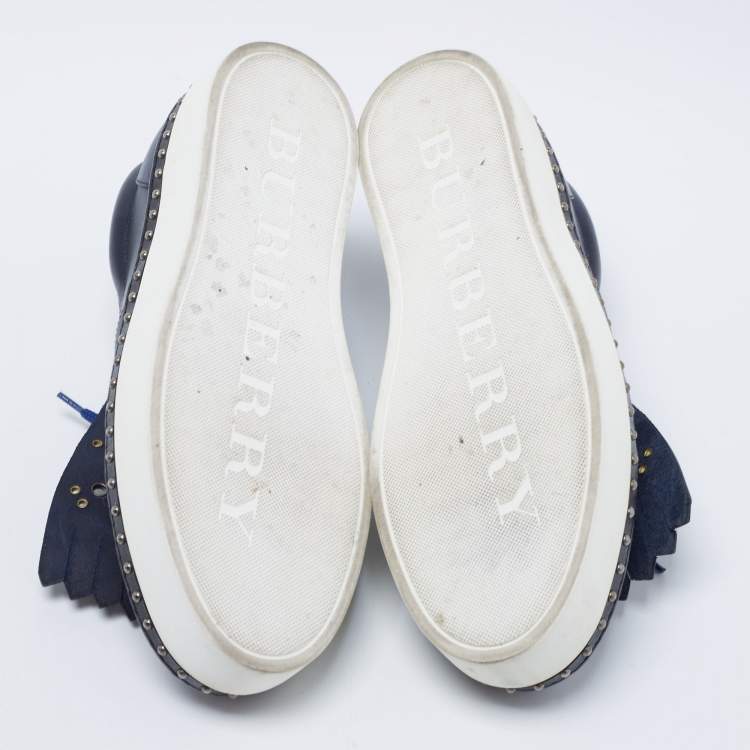 Pre Owned Burberry Navy Blue/Black Leather Kiltie Fringe Slip On Sneakers Size 40