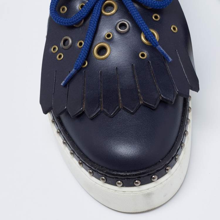 Pre Owned Burberry Navy Blue/Black Leather Kiltie Fringe Slip On Sneakers Size 40
