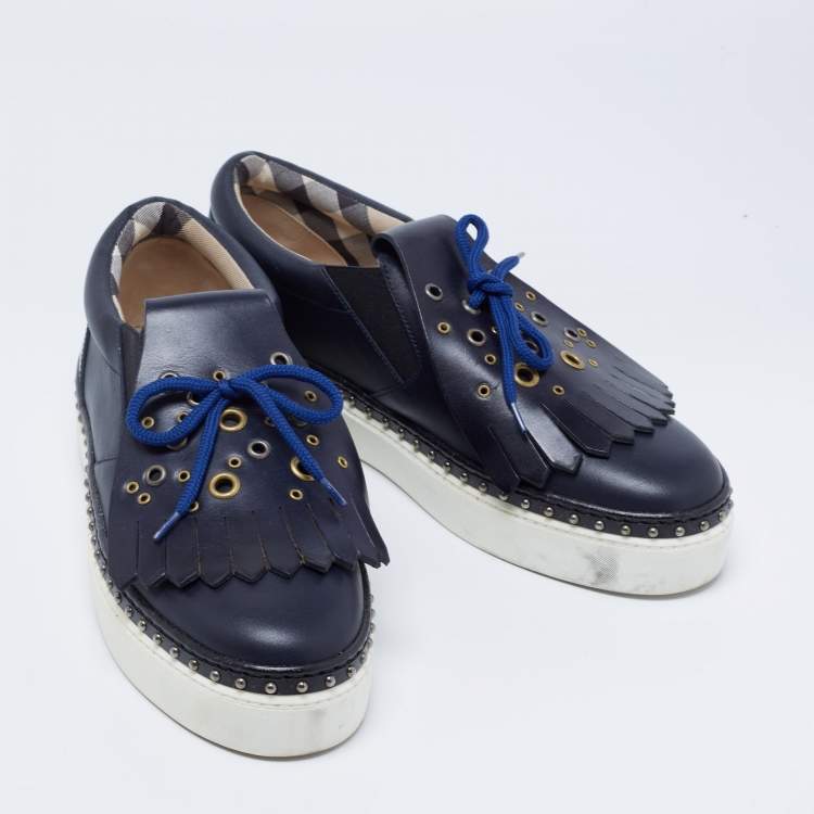 Pre Owned Burberry Navy Blue/Black Leather Kiltie Fringe Slip On Sneakers Size 40