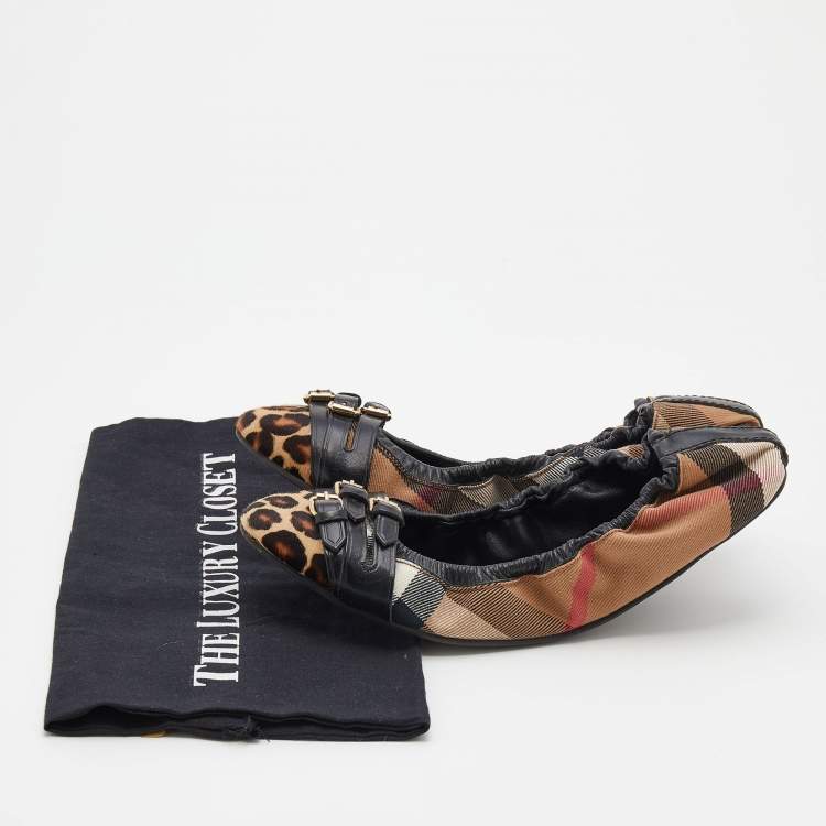 Pre Owned Burberry Brown House Check and Calf Hair Falcony Scrunch Ballet Flats Size 39