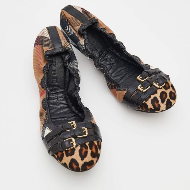 Pre Owned Burberry Brown House Check and Calf Hair Falcony Scrunch Ballet Flats Size 39