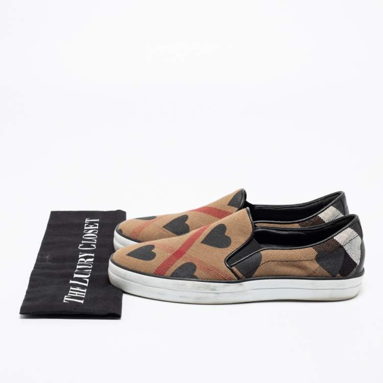 Pre Owned Burberry Beige Canvas House Check Heart Slip-On Sneakers Size 38