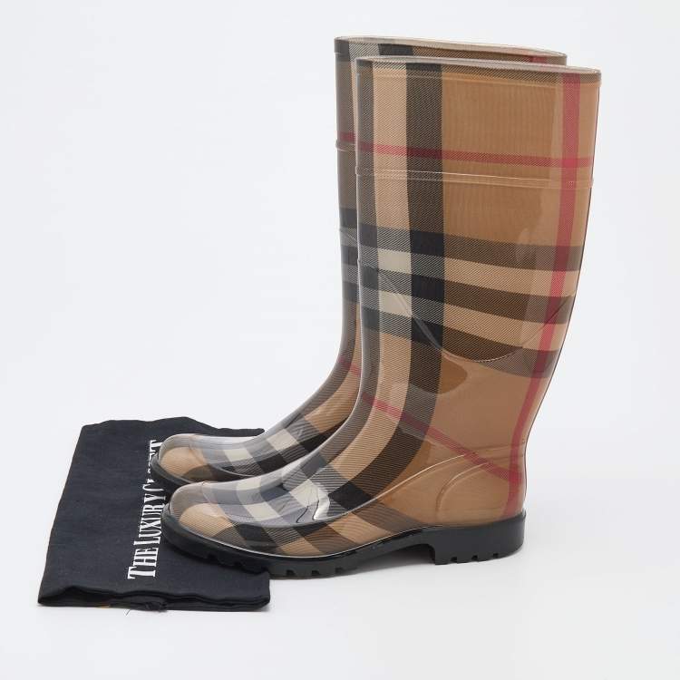 Pre Owned Burberry Beige Nova Check Rubber Rain Boots Size 37