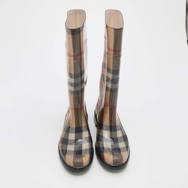 Pre Owned Burberry Beige Nova Check Rubber Rain Boots Size 37