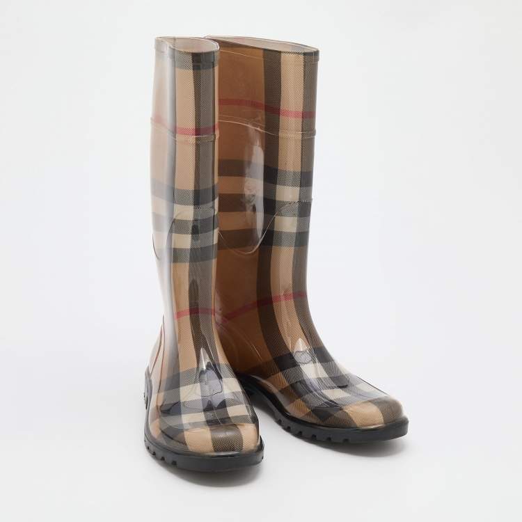 Pre Owned Burberry Beige Nova Check Rubber Rain Boots Size 37