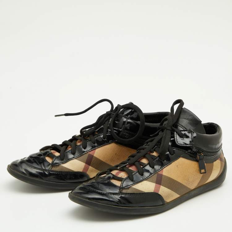 Pre Owned Burberry Beige/Black Nova Check Canvas And Patent Leather Painton High Top Sneakers Size 39