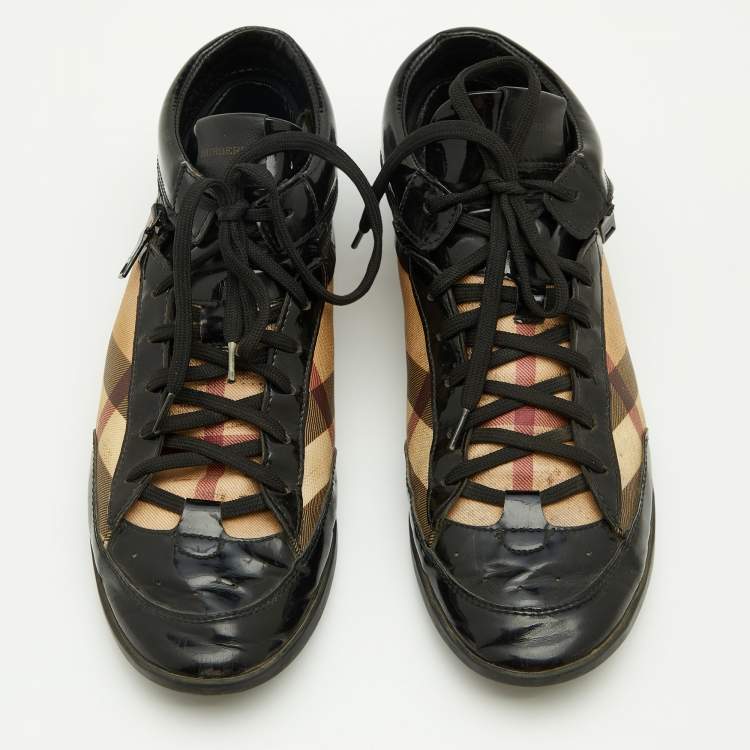 Pre Owned Burberry Beige/Black Nova Check Canvas And Patent Leather Painton High Top Sneakers Size 39