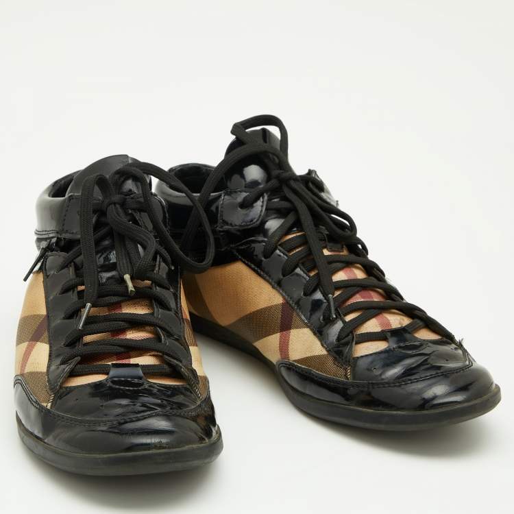 Pre Owned Burberry Beige/Black Nova Check Canvas And Patent Leather Painton High Top Sneakers Size 39