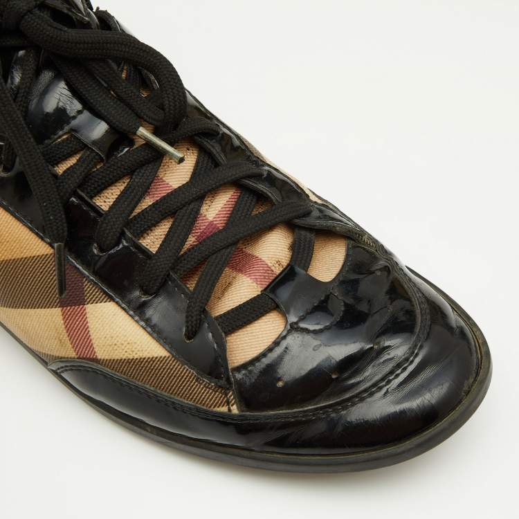 Pre Owned Burberry Beige/Black Nova Check Canvas And Patent Leather Painton High Top Sneakers Size 39