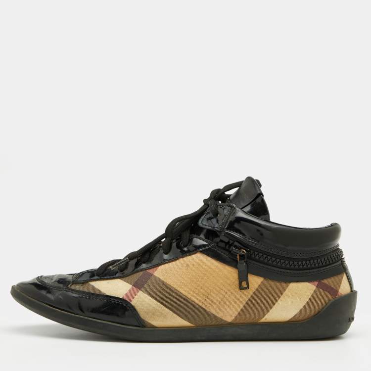 Pre Owned Burberry Beige/Black Nova Check Canvas And Patent Leather Painton High Top Sneakers Size 39