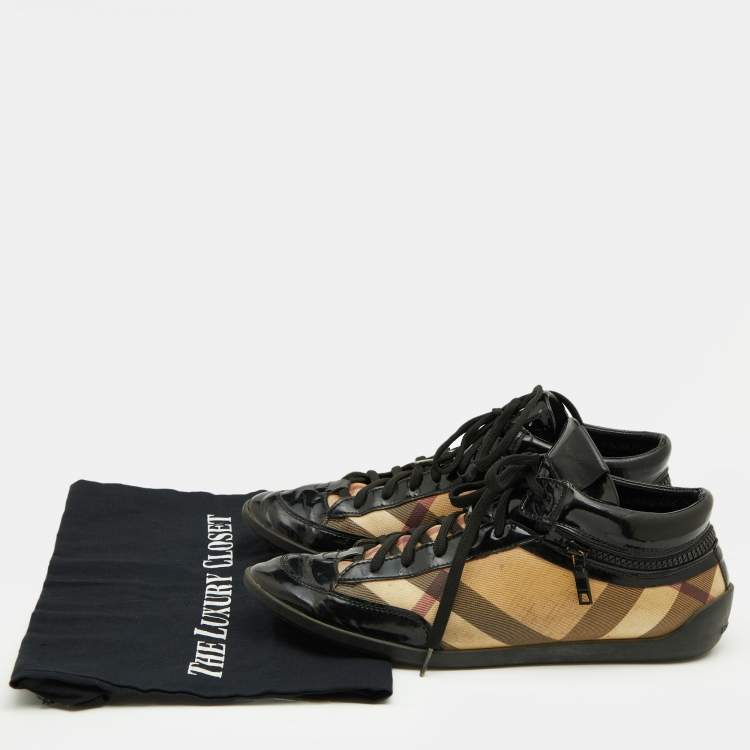 Pre Owned Burberry Beige/Black Nova Check Canvas And Patent Leather Painton High Top Sneakers Size 39