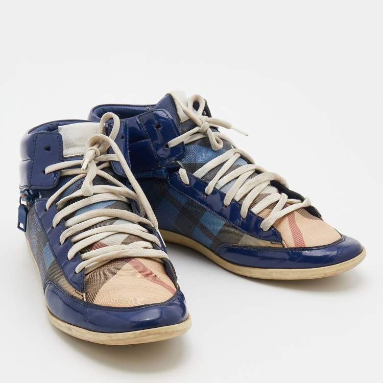 Pre Owned Burberry Blue/Beige Ombre Nova Check Coated Canvas And Patent Leather High Top Sneakers Size 38