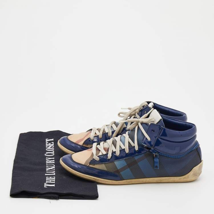 Pre Owned Burberry Blue/Beige Ombre Nova Check Coated Canvas And Patent Leather High Top Sneakers Size 38