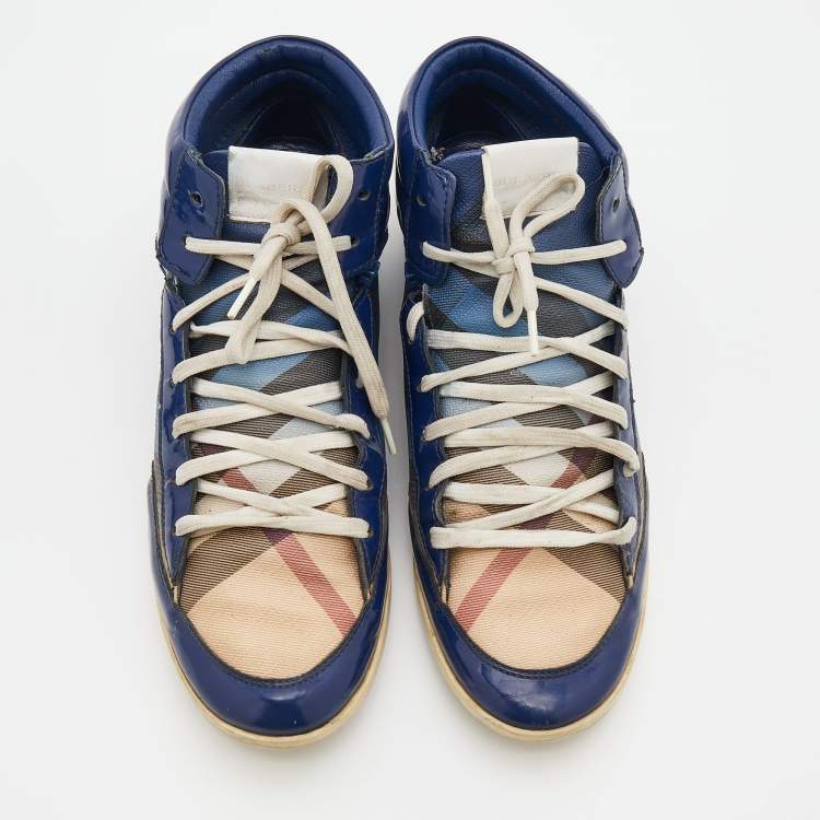 Pre Owned Burberry Blue/Beige Ombre Nova Check Coated Canvas And Patent Leather High Top Sneakers Size 38
