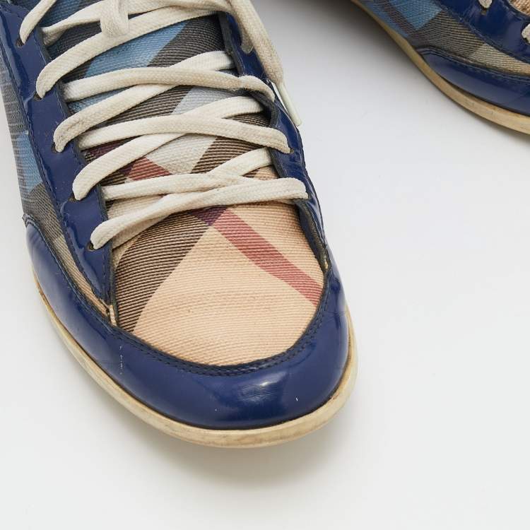 Pre Owned Burberry Blue/Beige Ombre Nova Check Coated Canvas And Patent Leather High Top Sneakers Size 38