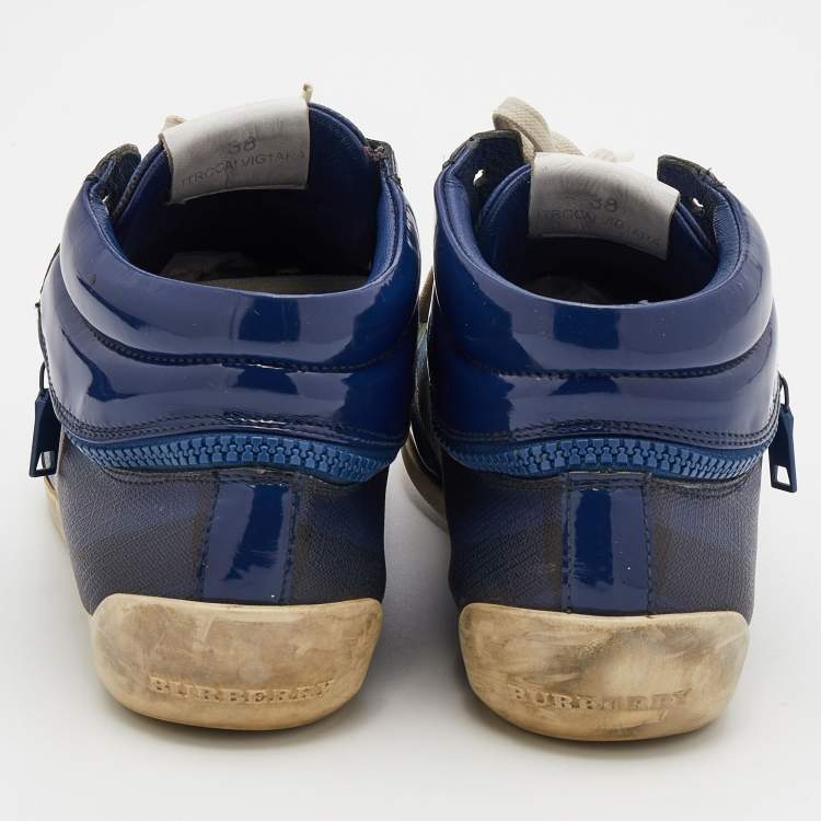 Pre Owned Burberry Blue/Beige Ombre Nova Check Coated Canvas And Patent Leather High Top Sneakers Size 38