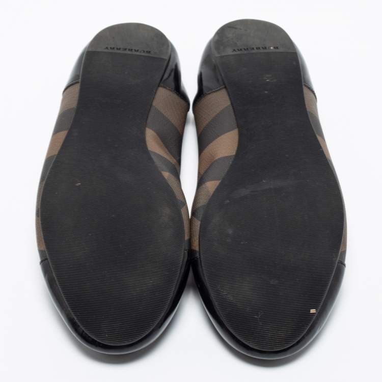 Pre Owned Burberry Black/Brown Patent Leather and Nova Check Canvas Scrunch Ballet Flats Size 39