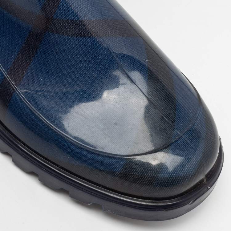 Pre Owned Burberry Blue Rubber Check Rain Boots Size 38