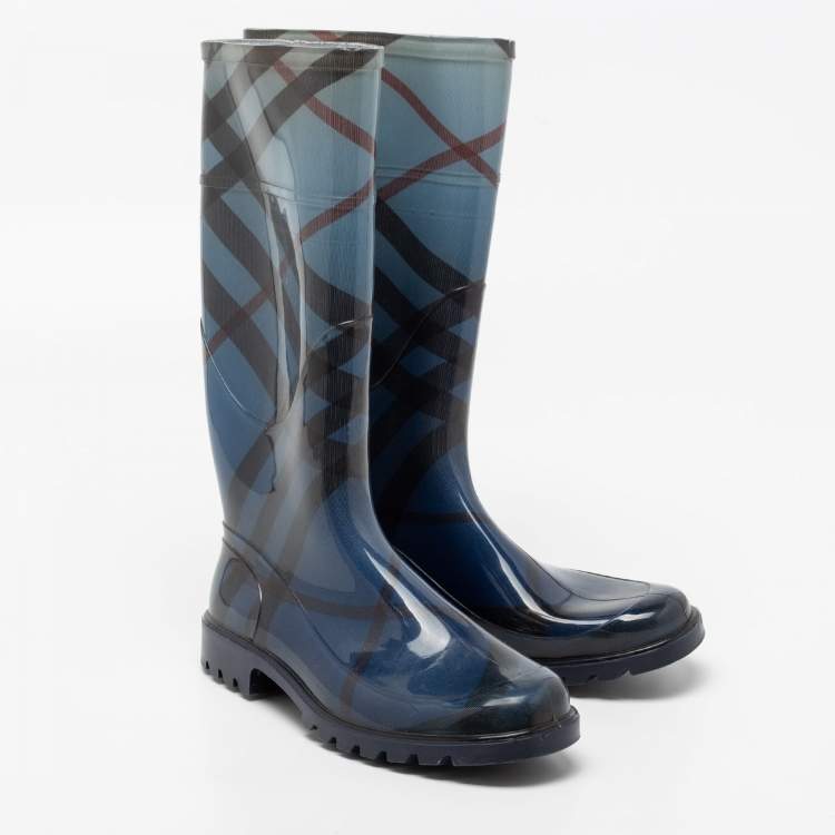 Pre Owned Burberry Blue Rubber Check Rain Boots Size 38