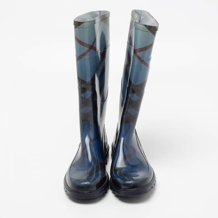 Pre Owned Burberry Blue Rubber Check Rain Boots Size 38