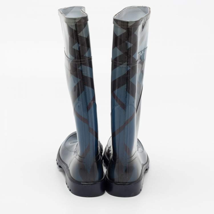 Pre Owned Burberry Blue Rubber Check Rain Boots Size 38