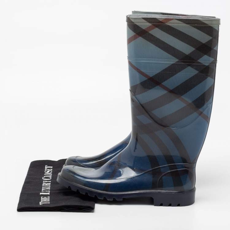 Pre Owned Burberry Blue Rubber Check Rain Boots Size 38