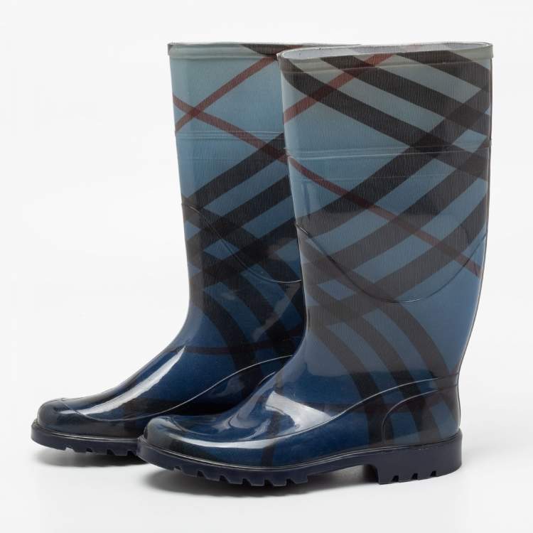 Burberry Blue Rubber Check Rain Boots Size 38 Burberry TLC