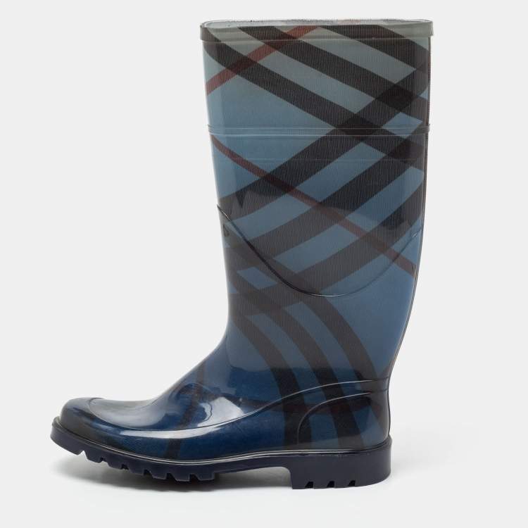 Pre Owned Burberry Blue Rubber Check Rain Boots Size 38