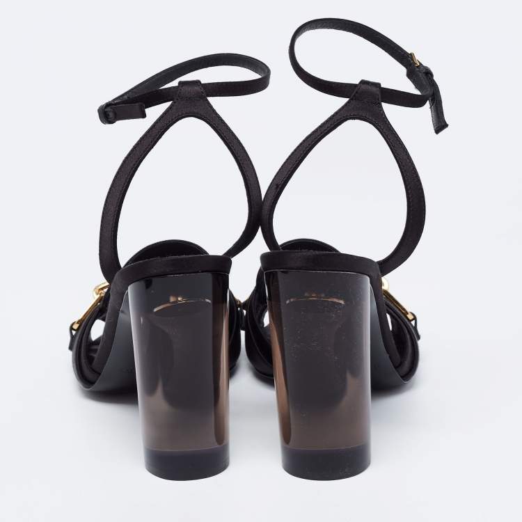 Pre Owned Burberry Black Satin Perspex Ankle Strap Block Heel Sandals Size 38