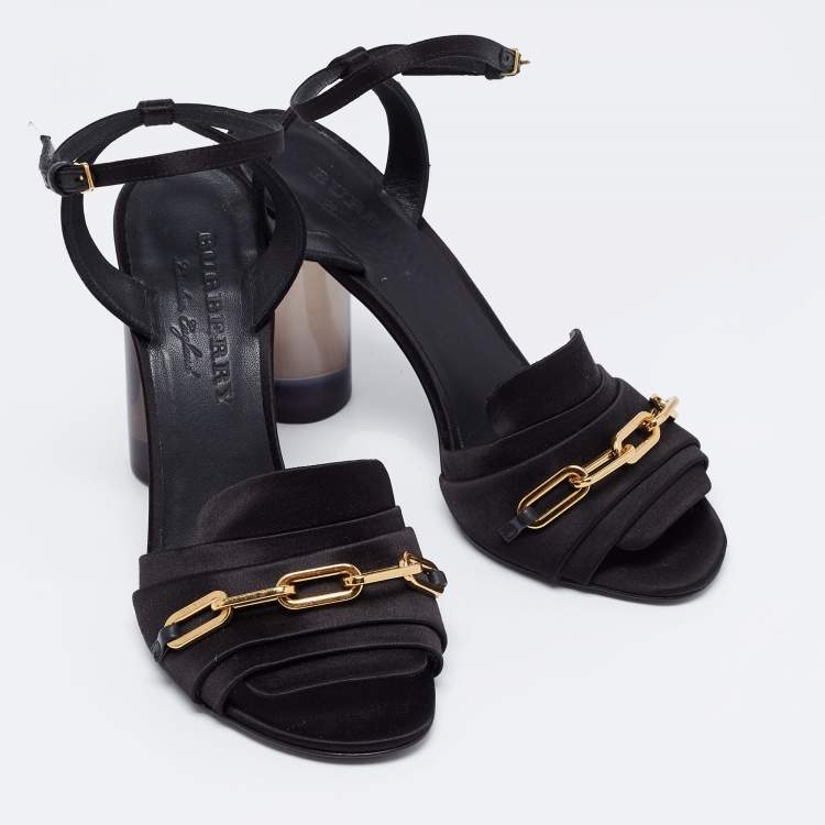 Pre Owned Burberry Black Satin Perspex Ankle Strap Block Heel Sandals Size 38