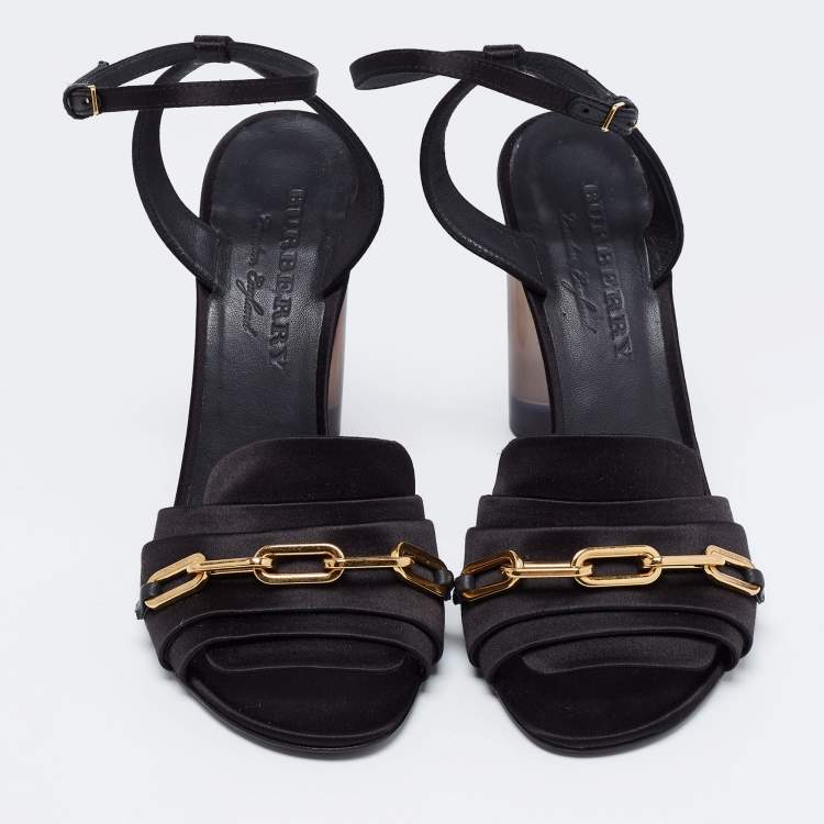 Pre Owned Burberry Black Satin Perspex Ankle Strap Block Heel Sandals Size 38