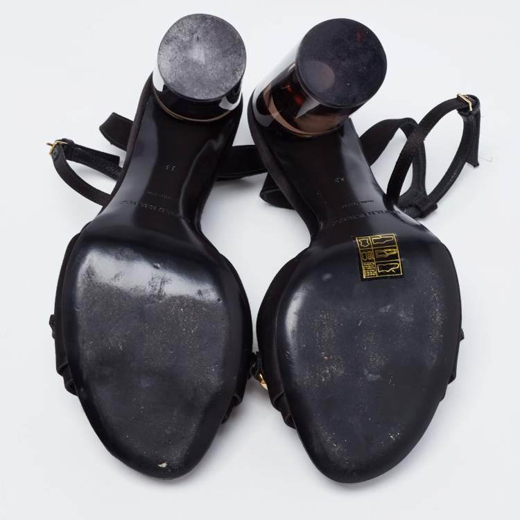 Pre Owned Burberry Black Satin Perspex Ankle Strap Block Heel Sandals Size 38
