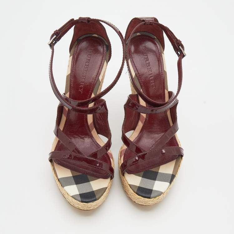 Pre Owned Burberry Burgundy Patent Leather Espadrille Wedge Ankle Strap Sandals Size 39