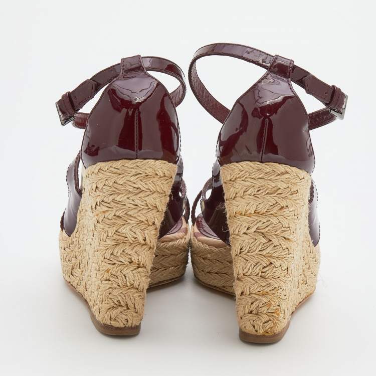 Pre Owned Burberry Burgundy Patent Leather Espadrille Wedge Ankle Strap Sandals Size 39