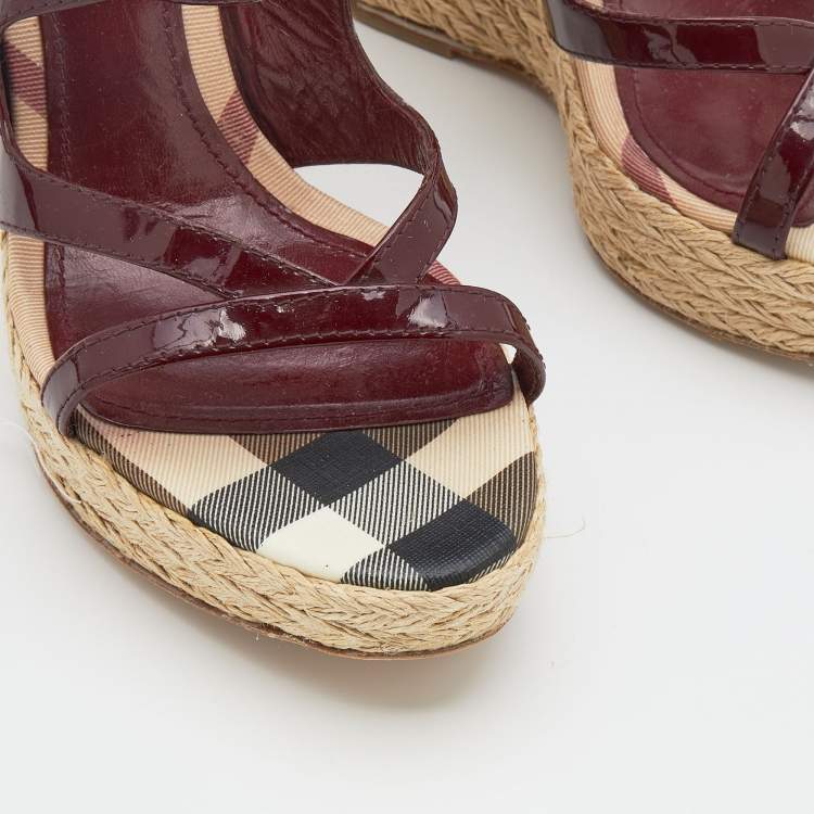 Pre Owned Burberry Burgundy Patent Leather Espadrille Wedge Ankle Strap Sandals Size 39